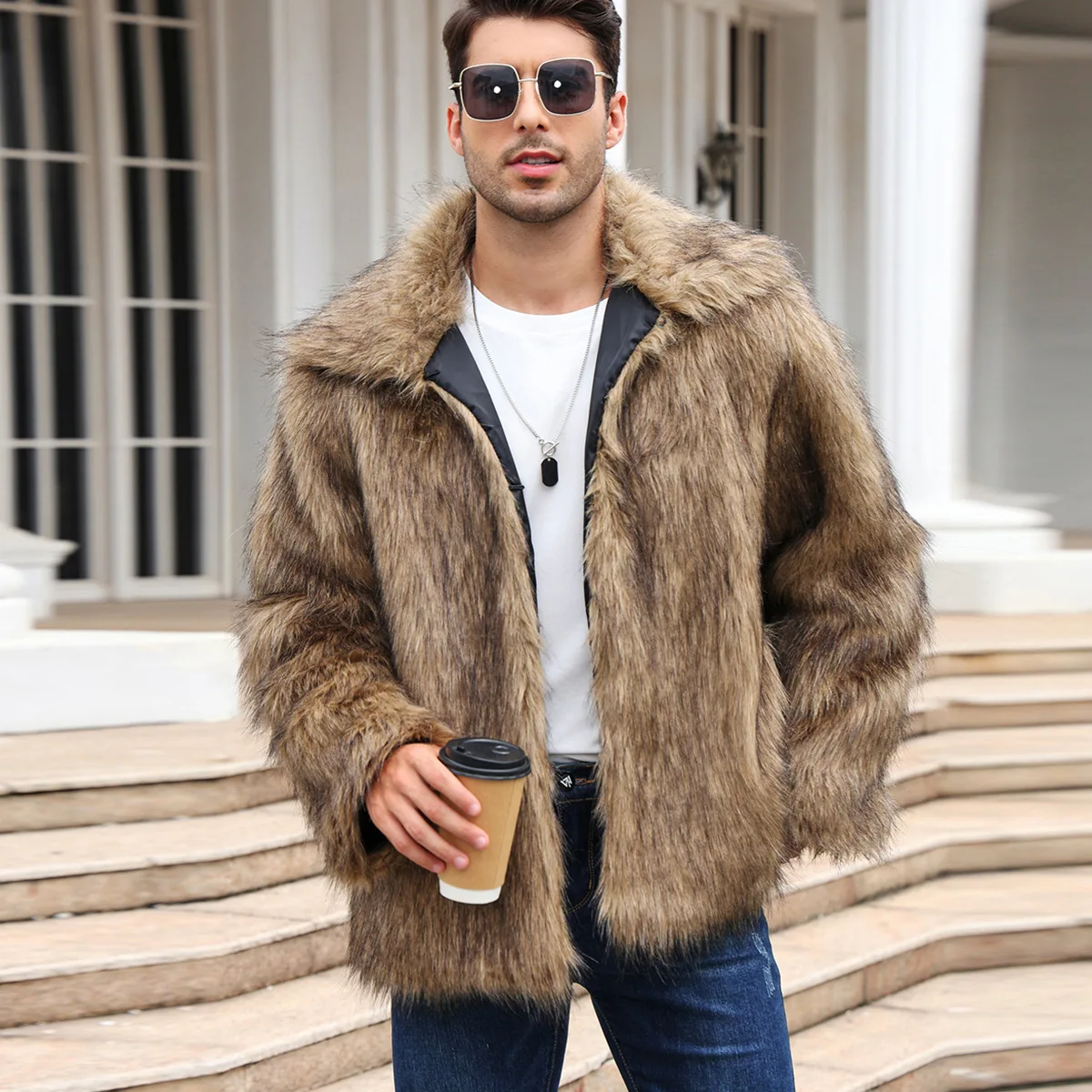 Winter Clothing Uae - Men Faux Fox Fur Jacket Coat